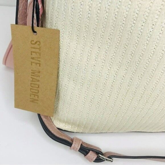 New! Steve Madden Bucket Straw Faux Leather Blush Pink Bohemian Beach TikTok Bag - Picture 9 of 11